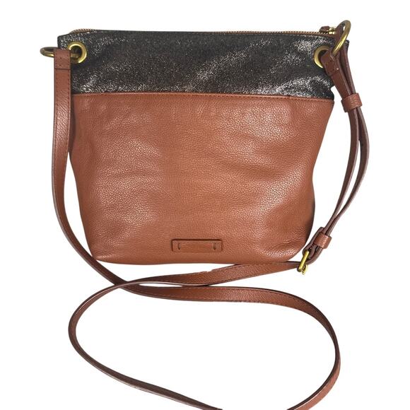 Fossil Crossbody Purse Keely Bag Brown Pebble Cowhide Black Sparkle Pockets - Picture 1 of 12